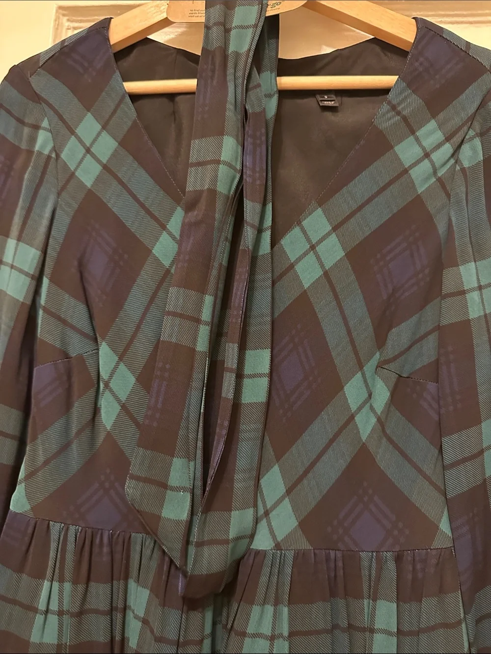 J. Crew Teal and Navy Plaid V-Neck Long Sleeve Tiered Dress